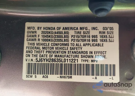 2005 Honda Element Ex from USA, damaged, VIN 5J6YH28635L011221